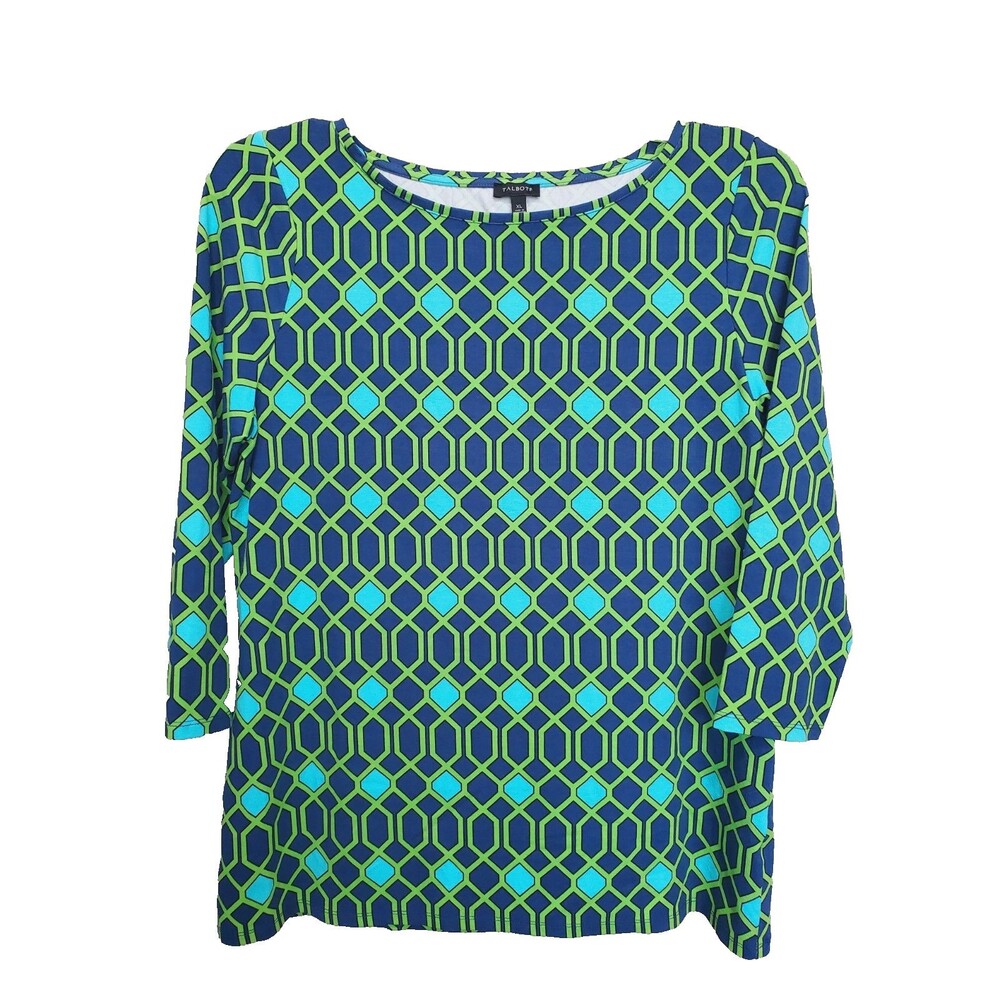 Talbots Jersey Knit Blue/Green Geometric Print Blouse Size XL